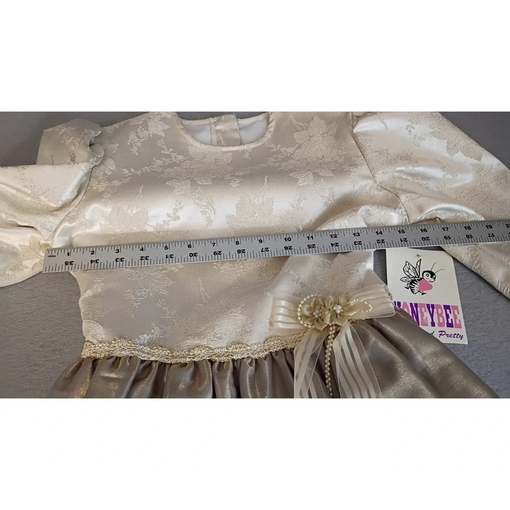 Vintage HoneyBee Victorian Girls Dress Sz 14 Gold Holiday Formal NWT (Has Flaws)